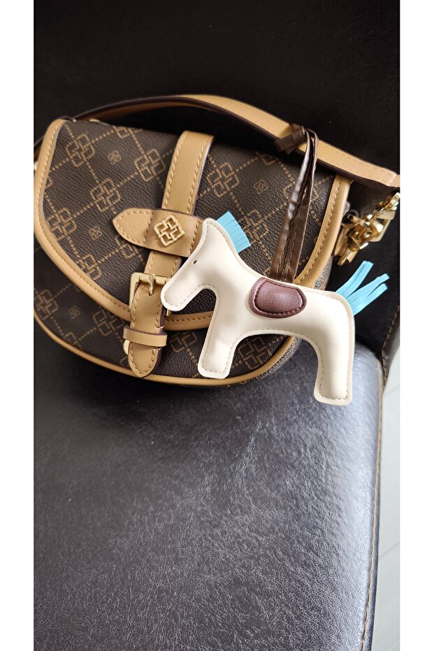 Brand Model Cream Blue Detailed Leather Bag Charm