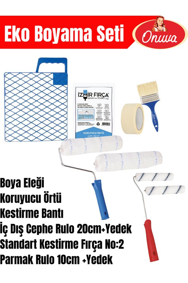8 Parça Boyacı Seti | Rulo,fırça,bant,koruyucu örtü,boya ızgarası,parmak rulo,yedek rulo - 1