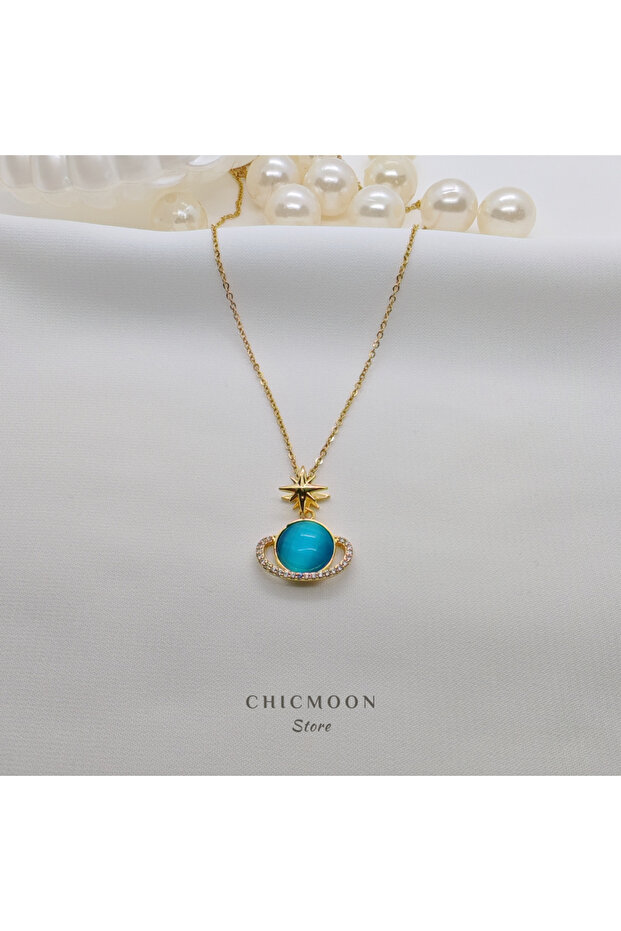 Blue Saturn Necklace with Steel Gold Zirconia