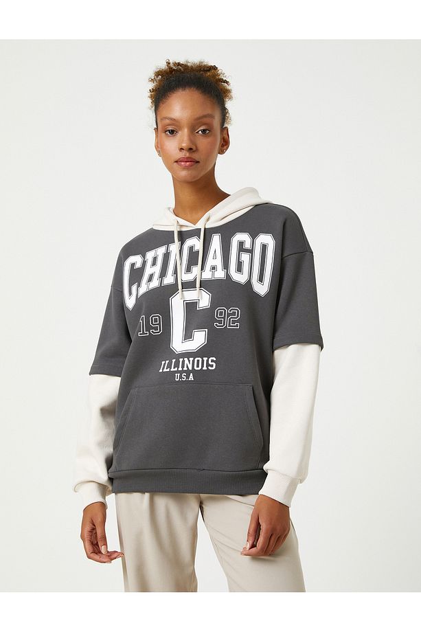 Şardonlu Kolej Sweatshirt Kapüşonlu Oversize Kanguru Cepli Uzun Kollu - 3