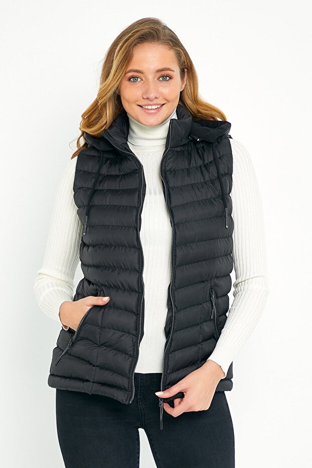 Women's Black Puffer Vest with Fleece Inside Hood - 5