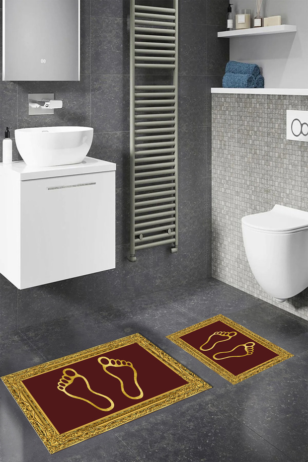 Digital Non-Slip Washable Footprint Pattern Bathroom Mat 2-Piece Toilet Set Carpet - 6