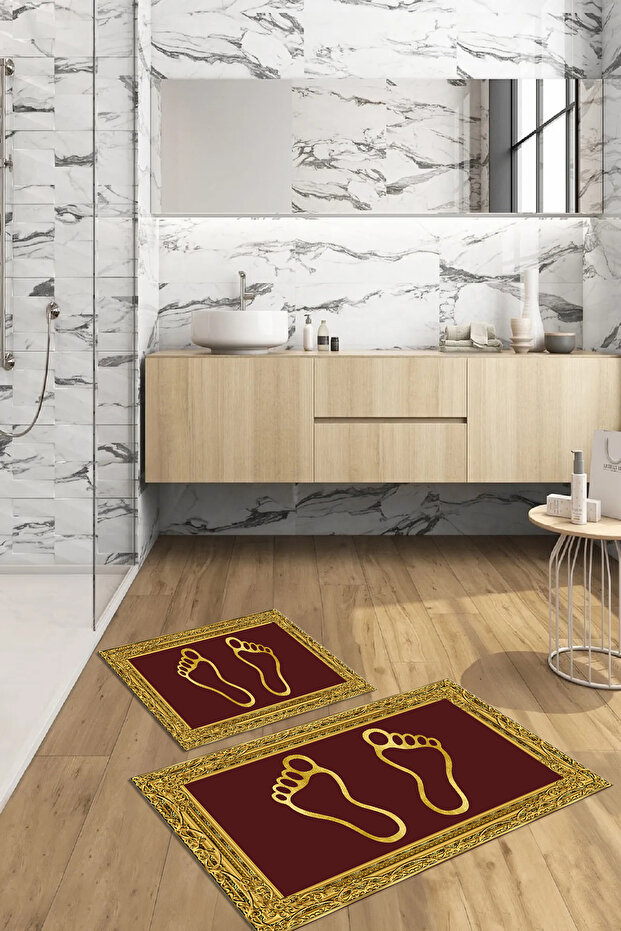 Digital Non-Slip Washable Footprint Pattern Bathroom Mat 2-Piece Toilet Set Carpet - 5
