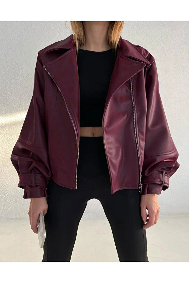 Faux Leather Balloon Sleeves Burgundy Color Bomber Jacket