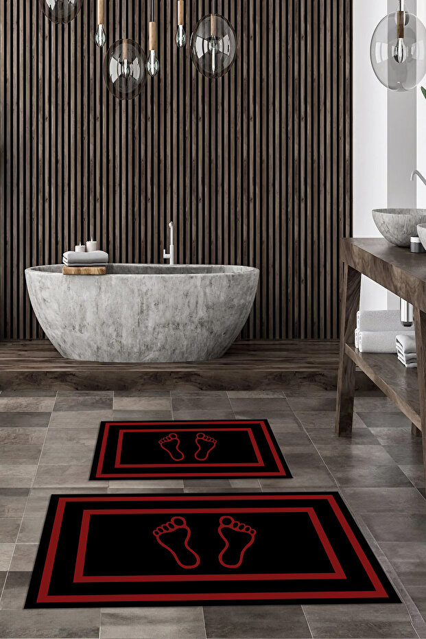 Digital Non-Slip Washable Footprint Pattern Bathroom Mat 2-Piece Toilet Set Carpet