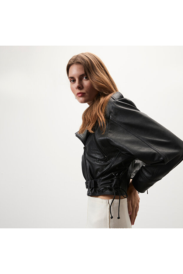 Allayna Siyah Kadın Deri Biker Ceket - 5
