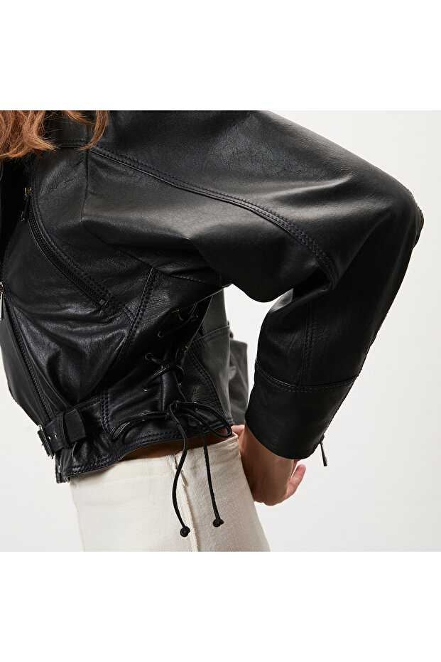 Allayna Siyah Kadın Deri Biker Ceket - 4