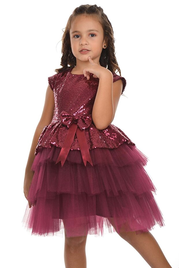 Pul Payet Tütü Parti Elbisesi MNK0275 BORDO - 5