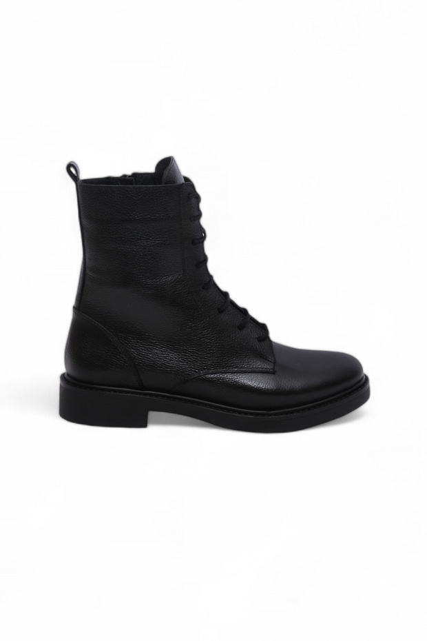 Women's Genuine Leather Lace-Up Zippered Boots Black Duru