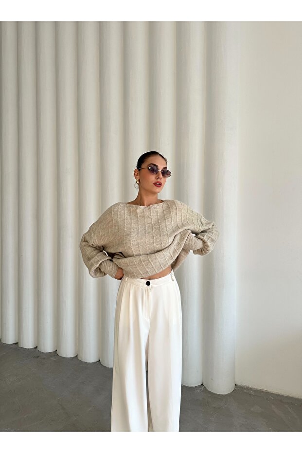 Pulover oversize cu coaste bej deschis - 4