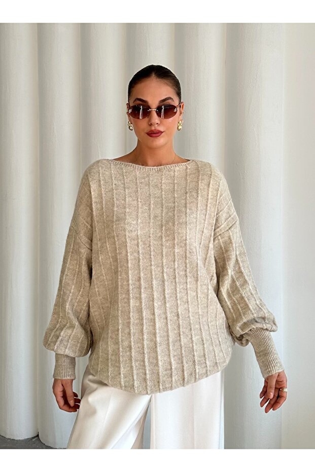 Pulover oversize cu coaste bej deschis - 1