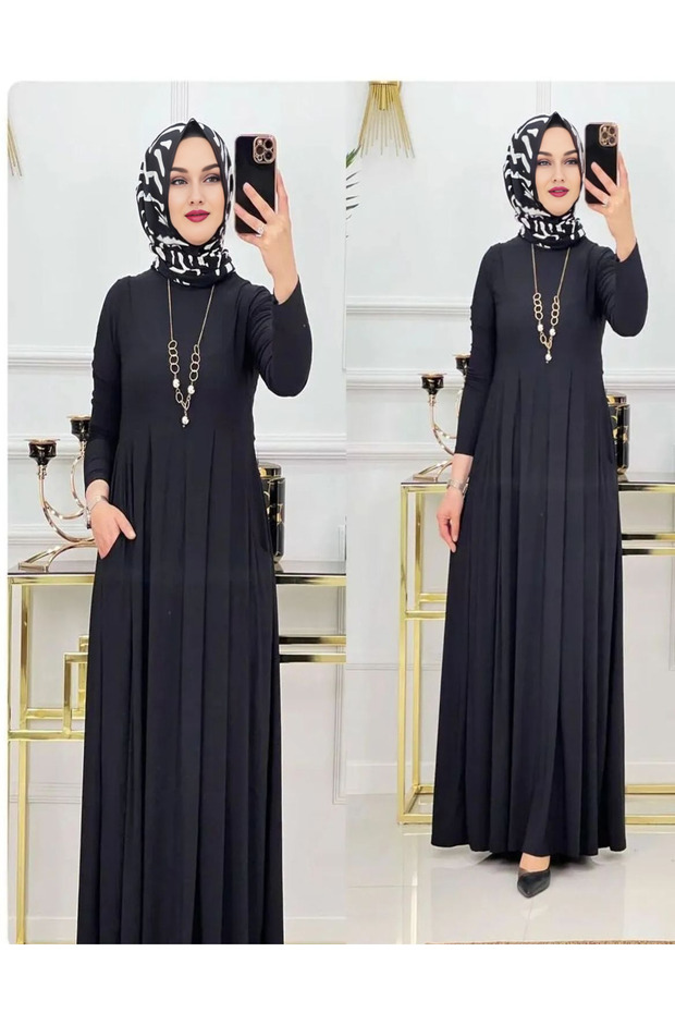Asil Tesettür Dress Full Length Pleated Dress Black
