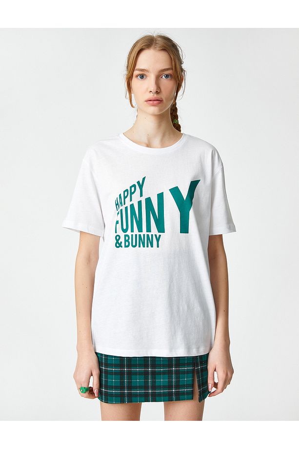 Slogan Baskılı Tshirt Bisiklet Yaka Kısa Kollu - 3