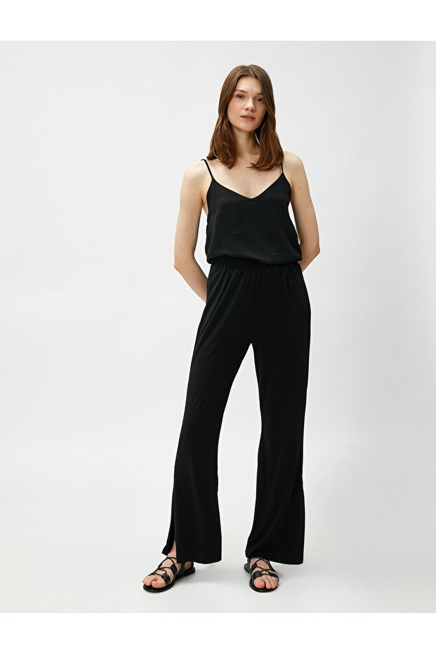Slit Flared Leg Trousers with Elastic Waist