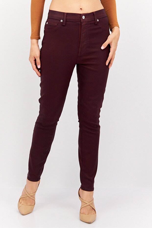 Kadın Süper Skinny Fit Düz Esnek Pantolon، بوردو