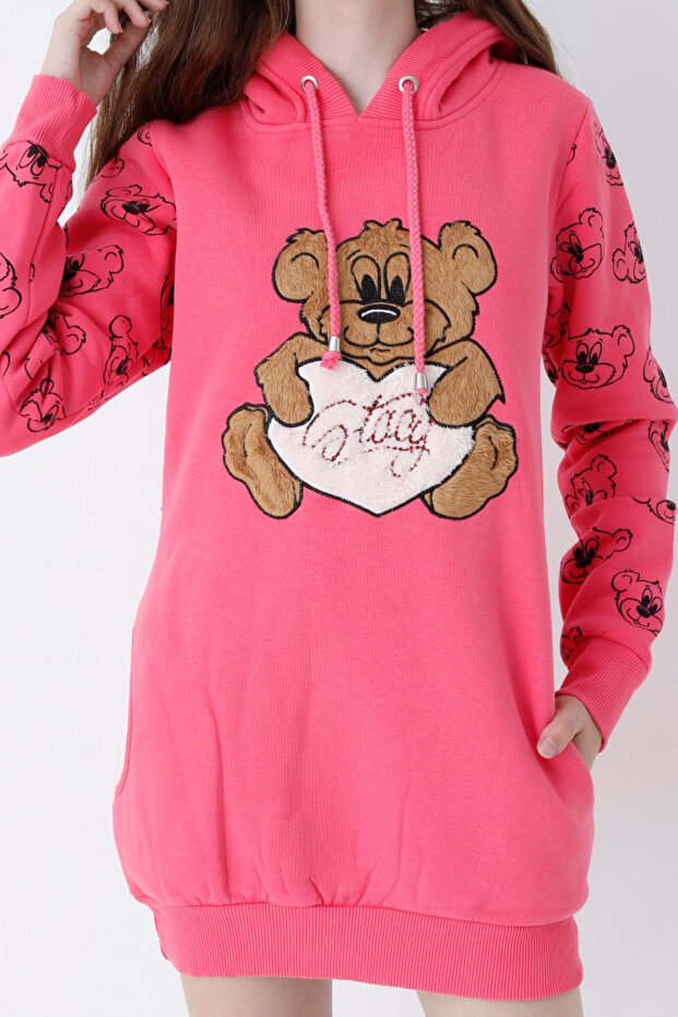 Young Girl Pink Print Teddy Bear Cotton Hooded Sweatshirt