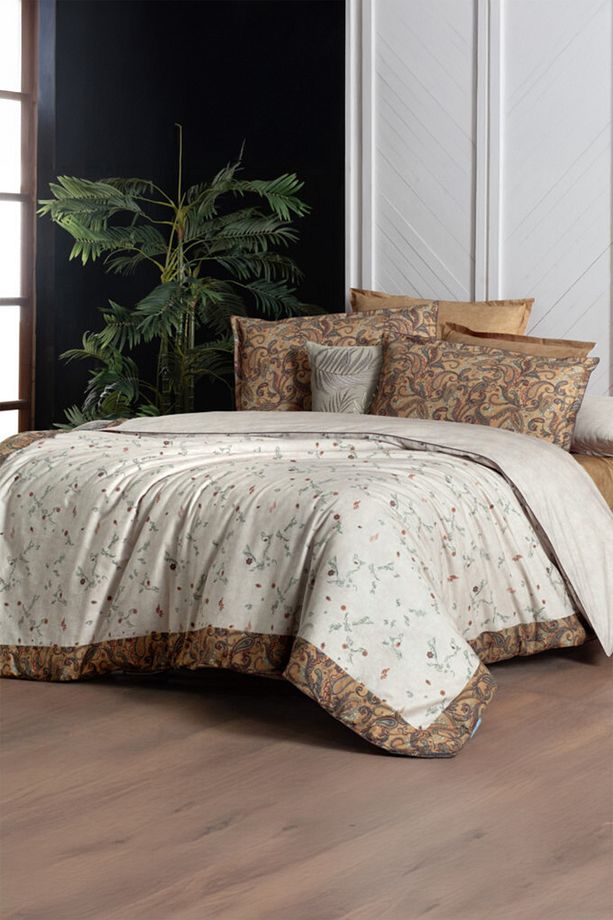 Saura Bej %100 Pamuk Fancy Poplin Çift Kişilik Nevresim Takımı - 1