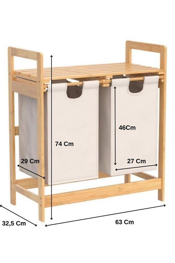 Bambu 2 Bölmeli Kirli Sepetli Çamaşır Sepeti Raflı Banyo Düzenleyici Db-0007 - 8