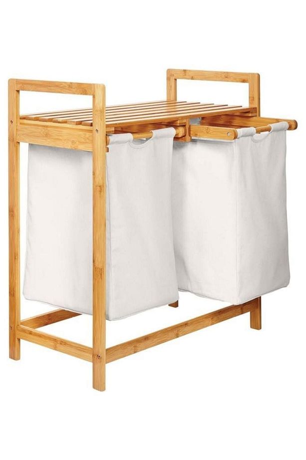 Bambu 2 Bölmeli Kirli Sepetli Çamaşır Sepeti Raflı Banyo Düzenleyici Db-0007 - 6