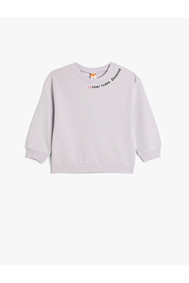 Long Sleeve Slogan Printed Crew Neck Raised Cotton Sweatshirt