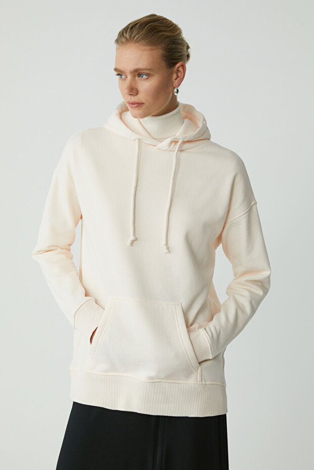 Carly Women's Fleece Inside Soft Hooded Kangaroo Pocket Oversize Fit Ecru Sweatshirt