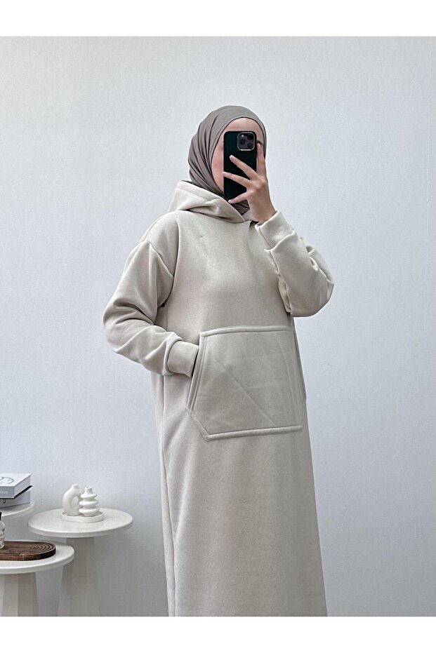 Kapüşonlu Taş Rengi Kışlık Sweat Elbise - 5