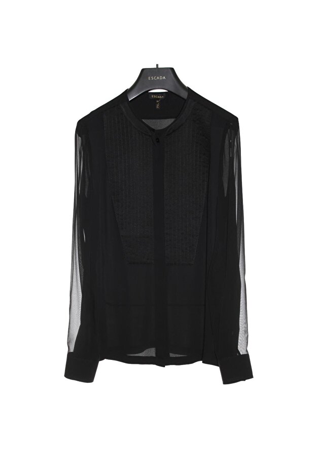 Round Neck Transparent Detailed Black Silk Shirt