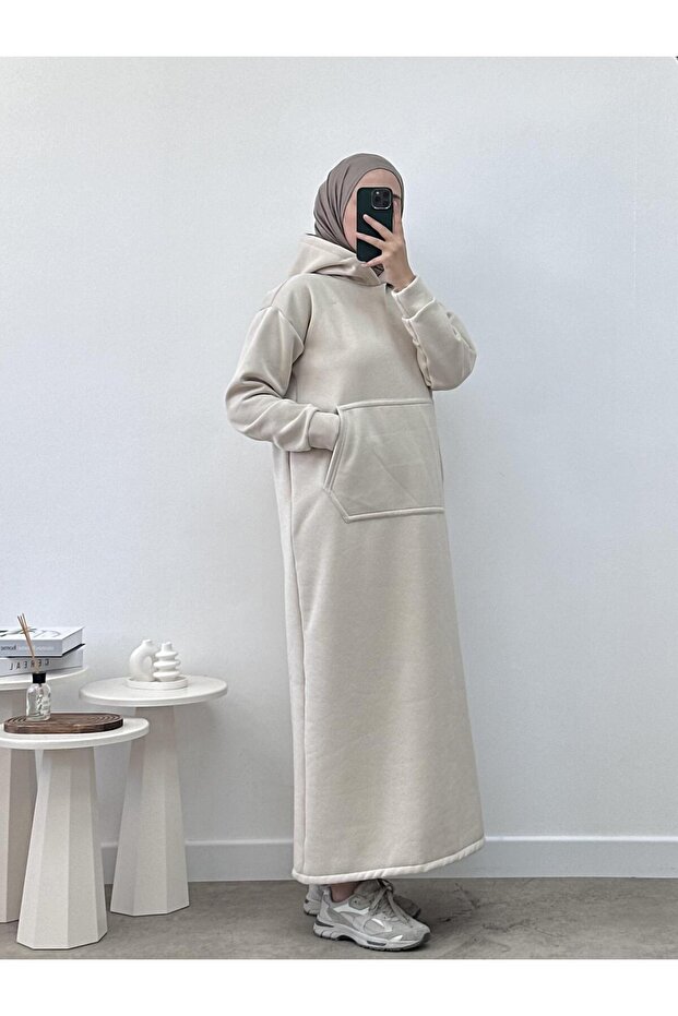 Kapüşonlu Taş Rengi Kışlık Sweat Elbise - 3