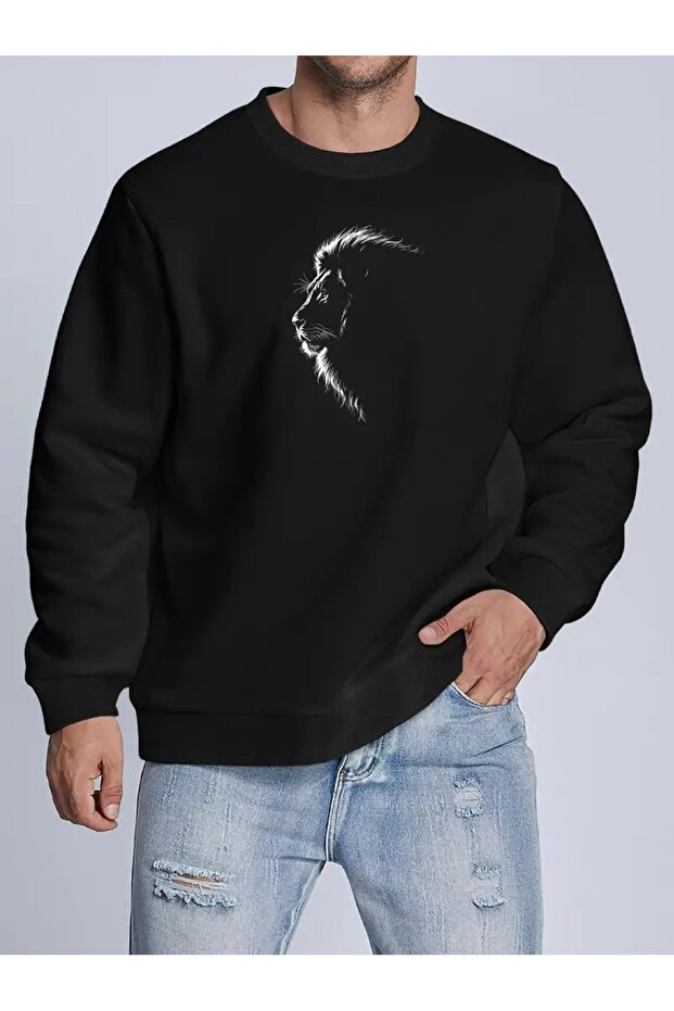 Unisex Black Lion Printed Crew Neck Sweatshirt