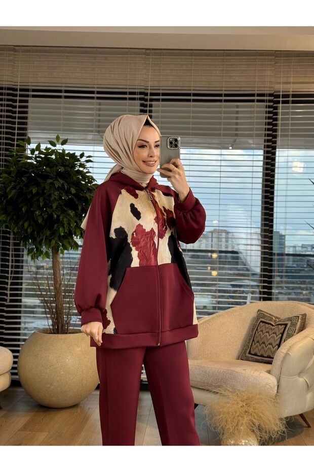 22622 Front Feather Pattern Pocket Hooded Zippered Set
