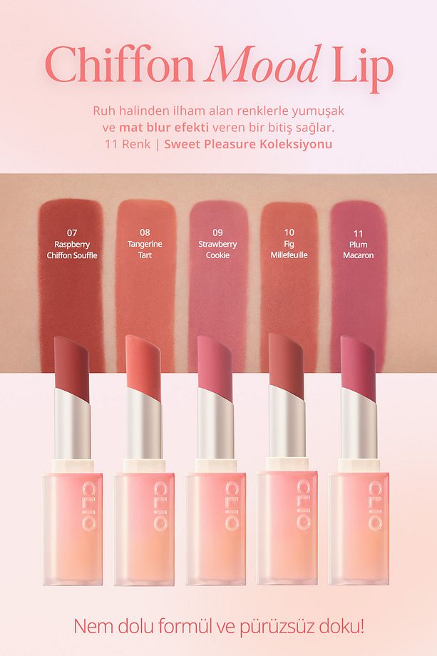 Yumuşak Dokulu, Hafif Mat Görünüm Sunan Ruj CLIO Chiffon Mood Lip (09 Strawberry Cookie) - 4