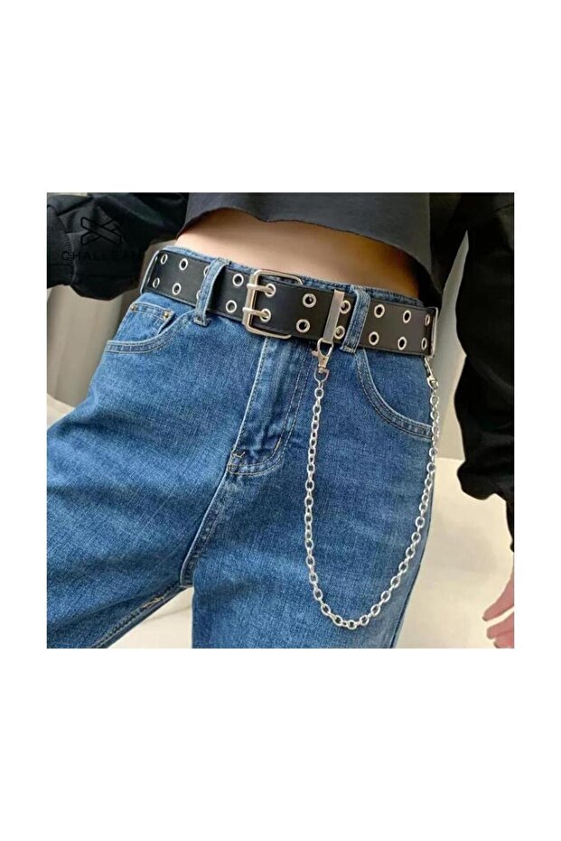 Faux Leather Belt with Chain Detail Square Buckle