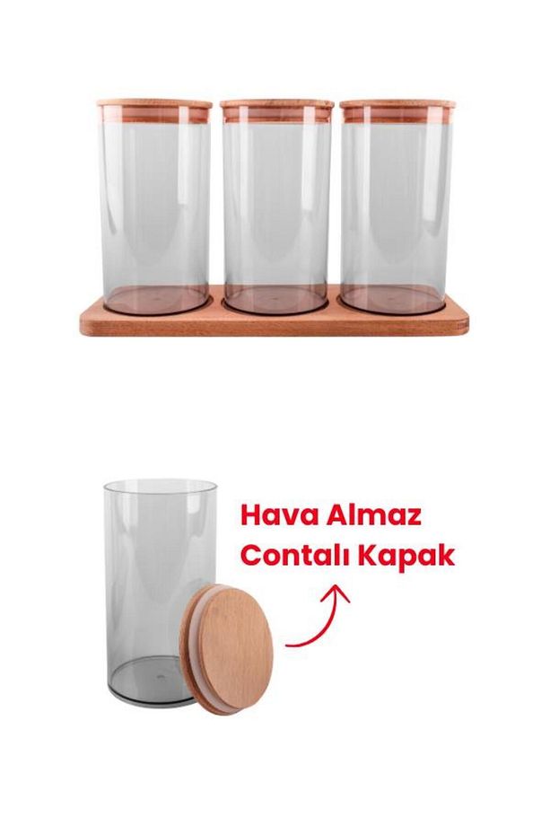 Ahşap Kapaklı 3'lü Standlı ve Vakumlu Çay, Kahve, Şeker, Bakliyat Kavanoz Seti Mika 1 lt Antrasit - 5