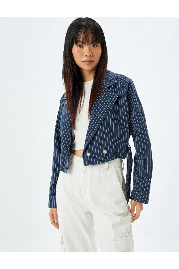 Navy Blue Striped Women's Jacket 5Wal50021Md
