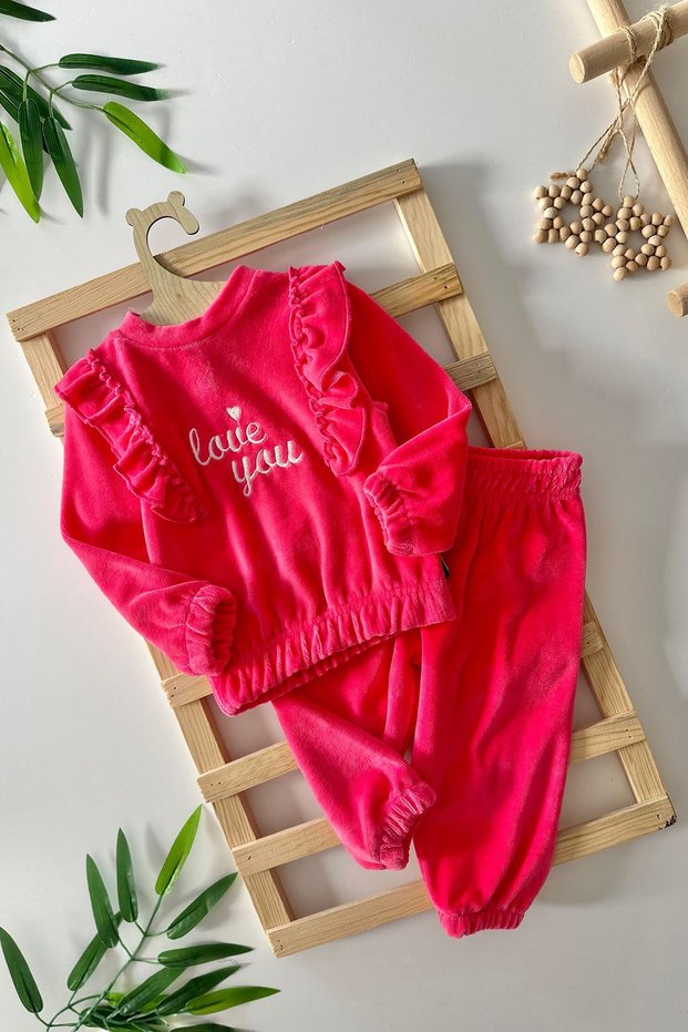 My Little One's Cicileri Love You Ruffle Detailed Girls' Velvet Elastic Set - Fuchsia