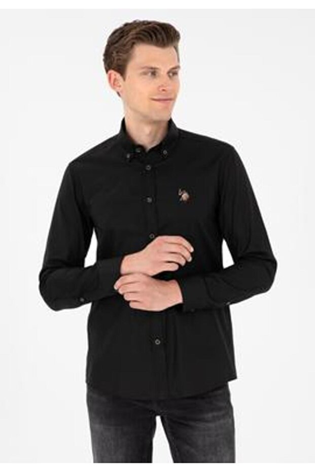 BASE. POLO ASSN. MEN'S WOVEN SLIM FIT BLACK SHIRT