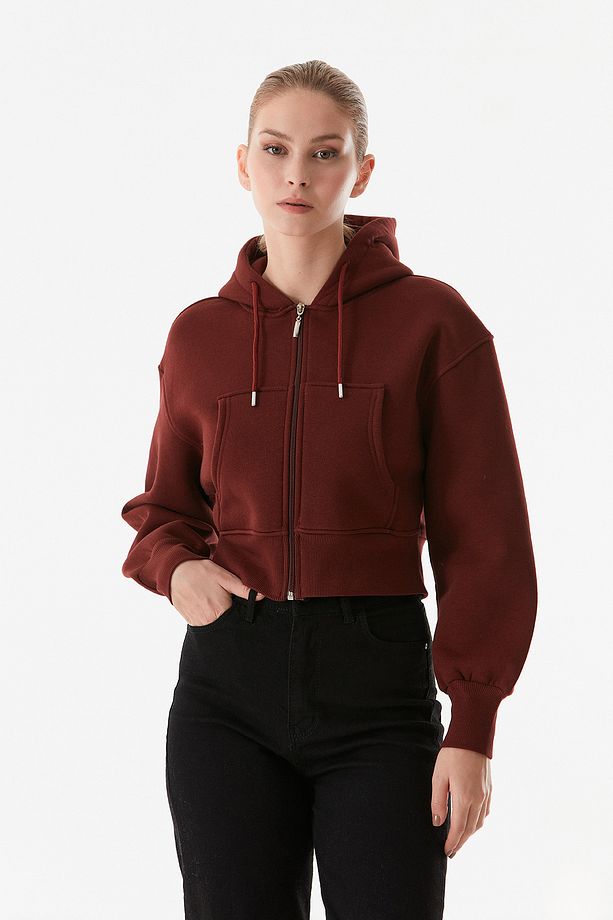 3 İplik Basic Kapüşonlu Crop Sweatshirt - 4