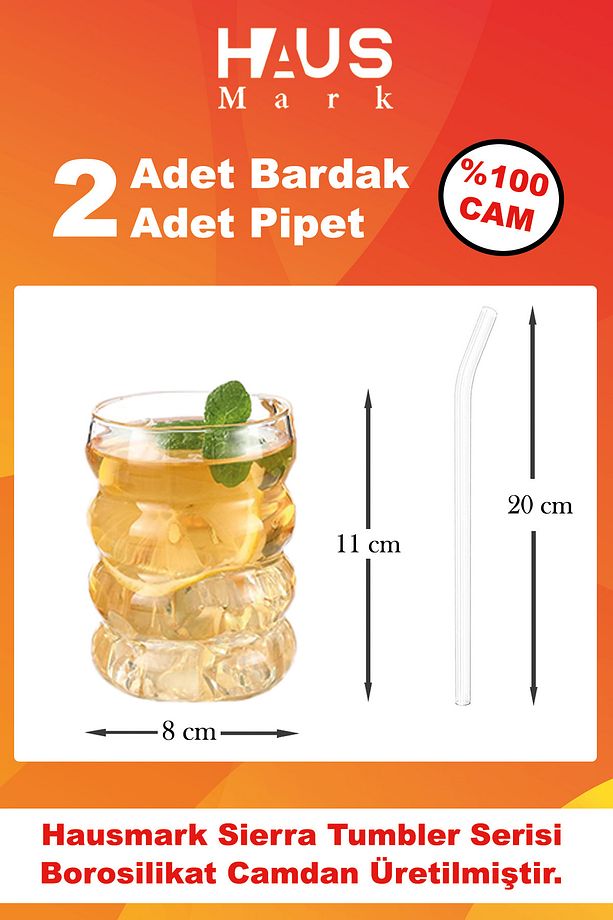 2 Adet Isıya Dayanıklı Boğumlu Model Borosilikat Soğuk - Sıcak Kahve Bardağı Pipet Hediyeli - 1