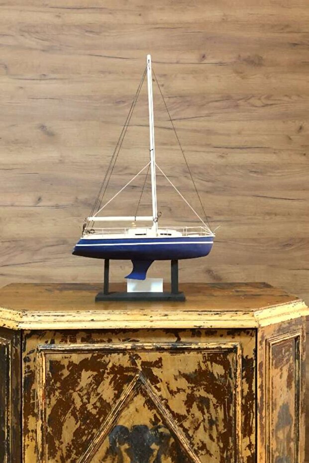 Mavi Tek Direkli Yelkenli Gemi Maketi - 4
