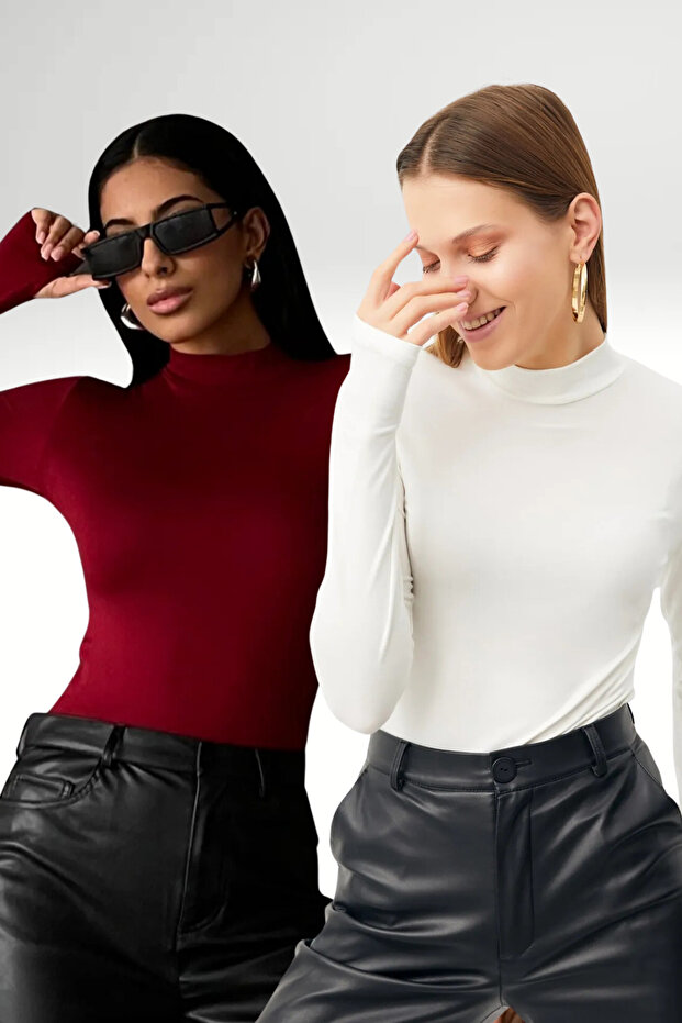 Women's Burgundy White 2-Piece Finger Detailed Bodysuit