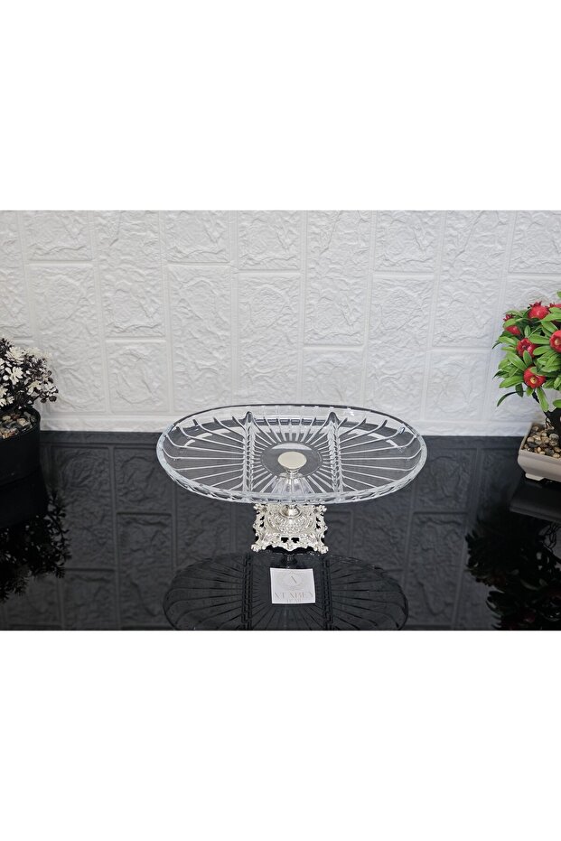Elegance Striped Silver Cast Iron Footed Plate with Presentation Compartment Oval & Serving Plate 27cm