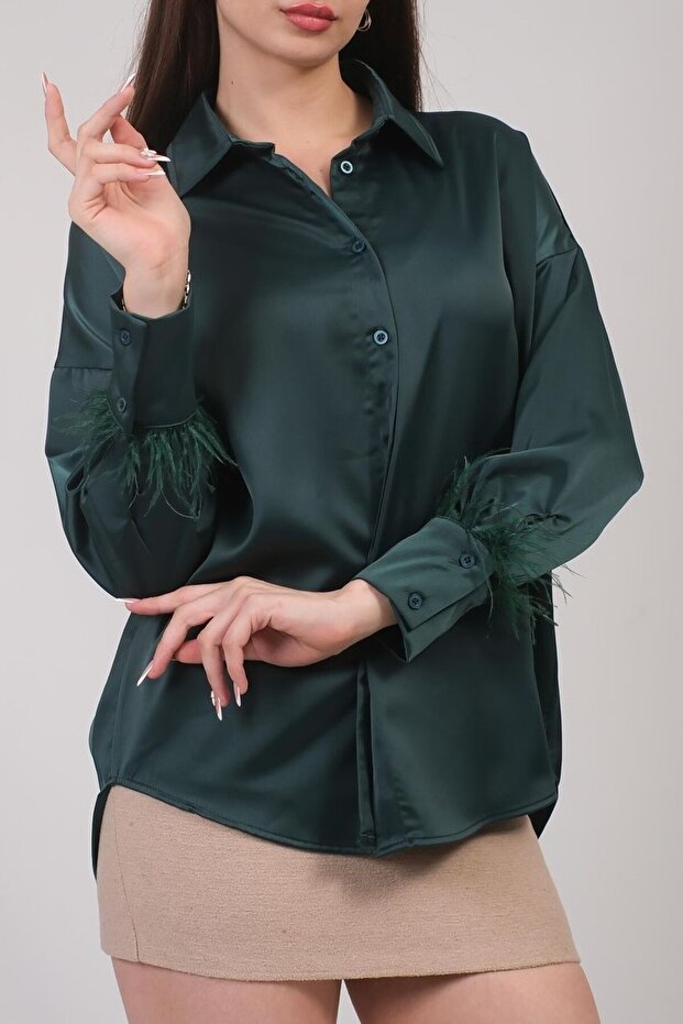 Oversize Model Sleeve Feather Detail Emerald Green Satin Shirt