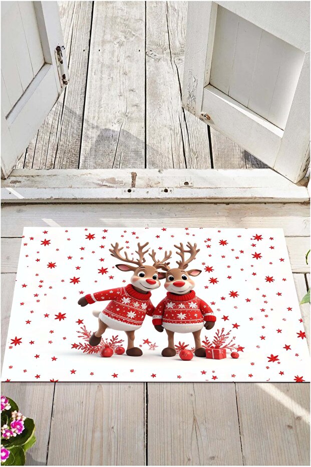 Christmas Themed Christmas Rhine Deer Patterned Red White Non-Slip Base Bath Mat 50X70