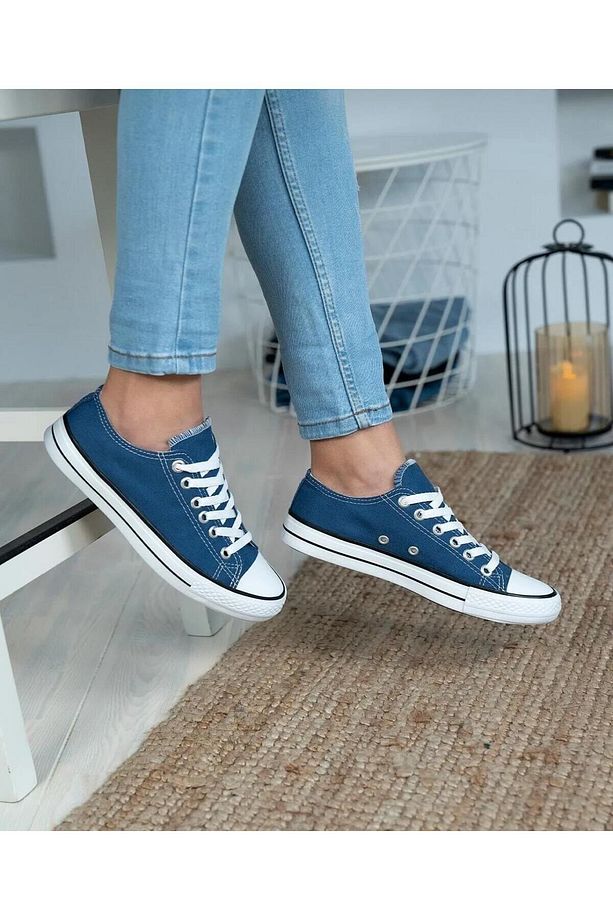 Bağcıklı Unisex Kısa Keten Ayakkabı-Mavi - 1
