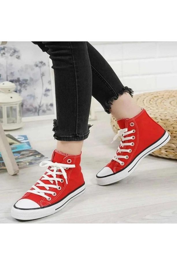 Bağcıklı Unisex Uzun Keten Ayakkabı-Kırmızı - 1