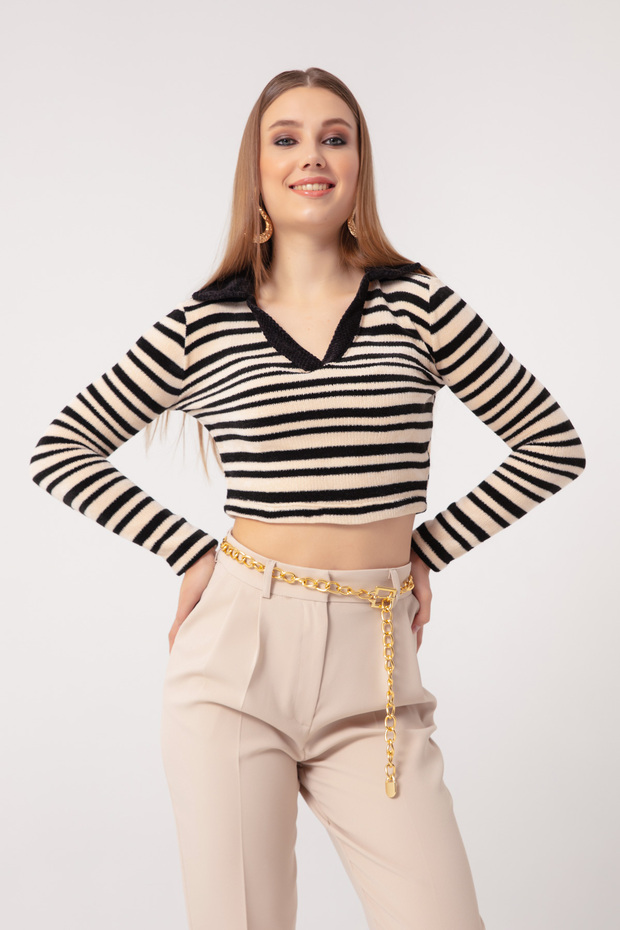 Kadın Bej Çizgili Örme Kazak - 3