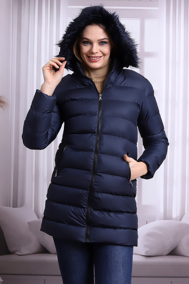 TALS FASHION - معطف أزرق داكن بغطاء للرأس وسحاب من القطيفة مقاوم للماء والرياح - 5