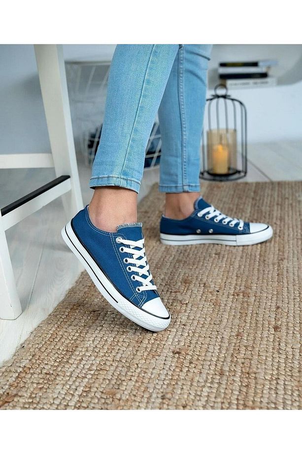 Bağcıklı Unisex Kısa Keten Ayakkabı-Mavi - 2