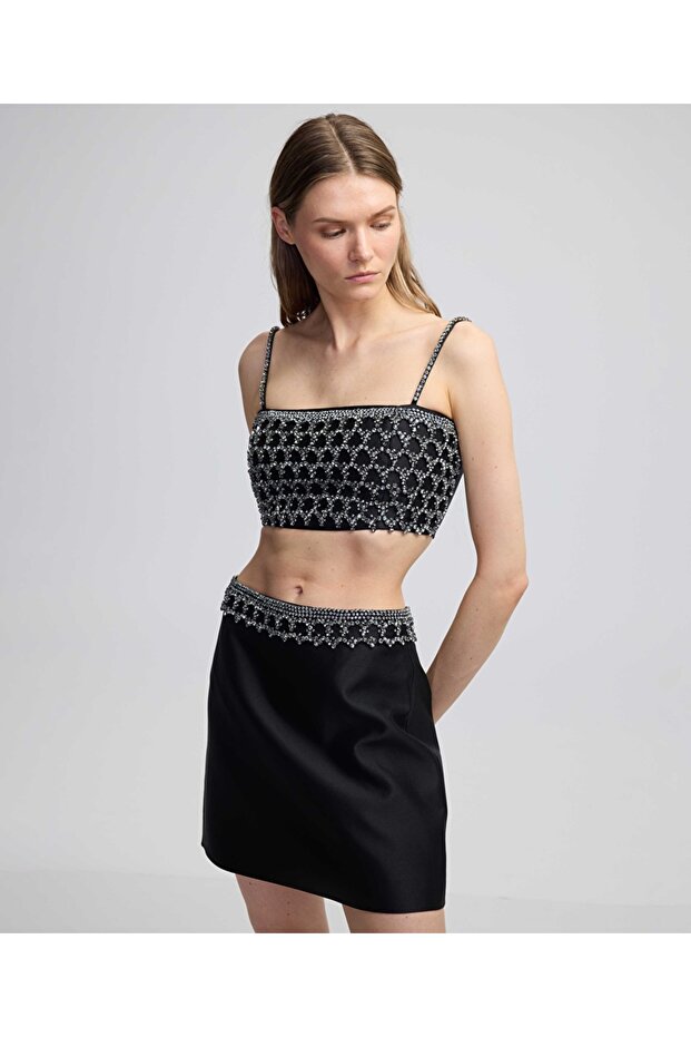 Kristal taş işlemeli mini etek - 2