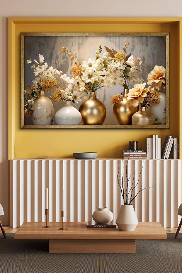Gold Vazoda Çiçekler Tek Parça Gold Çerçeveli Kanvas - Canvas Tablo - 2